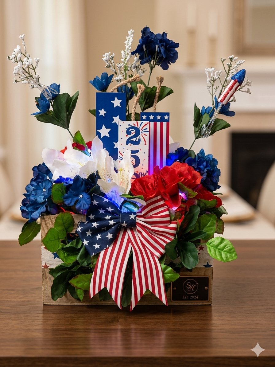 Patriotic floral centerpiece handcrafted by BV Decor & Crafts